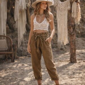 Free People Paperbag Waist Linen Pants XS Khaki Olive High Rise Tie Belt